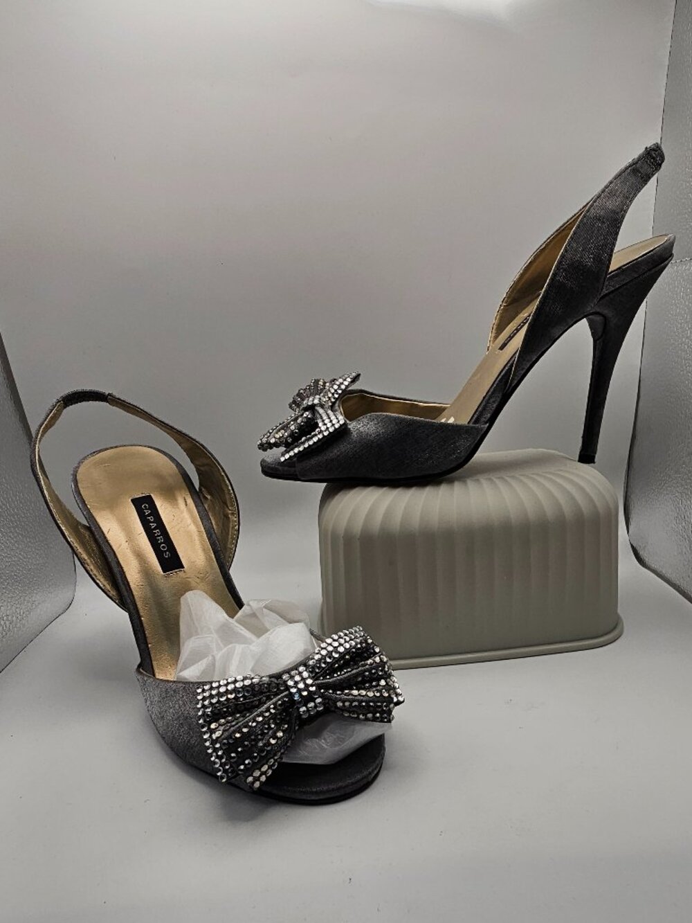 Caparros “Jinelle” Black Crystal Bow Slingback Heels – Glitter Fabric, Size 8